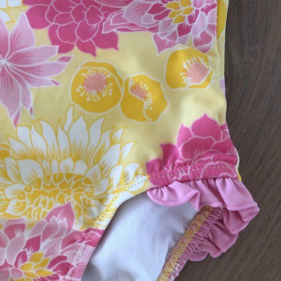 Janie & Jack | Pink & Yellow Floral Ruffled One-Piece Swimsuit | Size 18-24M - Picture 4 of 4